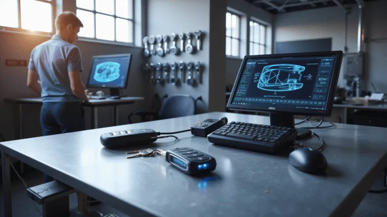 Fotorealistisch beeld van een moderne autosleutel codering workshop, met een roestvrijstalen werkbank, diagnostische gereedschappen, en een technicus die werkt aan een computerscherm met voertuigschema's.