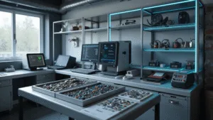 Een moderne Nederlandse autosleutelprogrammeert workshop met een L-vormige roestvrijstalen werkbank, diagnostische apparatuur, sleutel-snijdmachines en een ergonomische programmeerplek, verlicht door zacht ochtendlicht en koele blauwe LED-verlichting.
