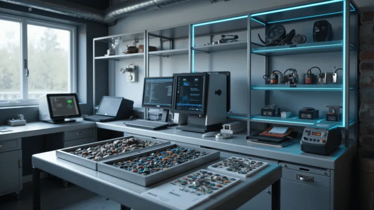 Een moderne Nederlandse autosleutelprogrammeert workshop met een L-vormige roestvrijstalen werkbank, diagnostische apparatuur, sleutel-snijdmachines en een ergonomische programmeerplek, verlicht door zacht ochtendlicht en koele blauwe LED-verlichting.