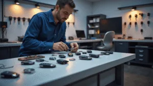 Fotorealistisch beeld van een moderne autosleutelwerkplaats met een technicus die een batterij vervangt in een high-tech autosleutel, omringd door diverse autosleutelbatterijen en diagnosecomputers.