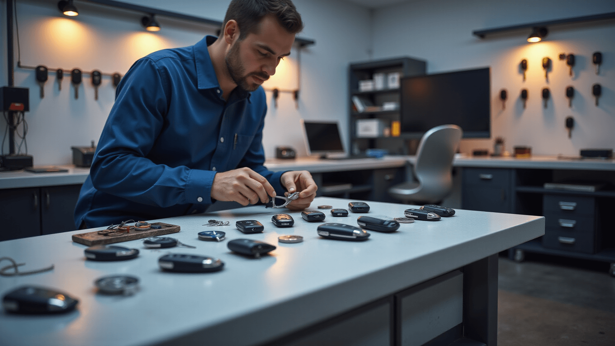 Fotorealistisch beeld van een moderne autosleutelwerkplaats met een technicus die een batterij vervangt in een high-tech autosleutel, omringd door diverse autosleutelbatterijen en diagnosecomputers.