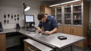 Fotorealistisch interieur van een auto sleutelreparatiestation met een R-vormige roestvrijstalen werkbank, digitale werkstation, precisiegereedschap aan magnetische wandpanelen en een technicus die zorgvuldig een CR2032-batterij vervangt in een moderne autosleutel.