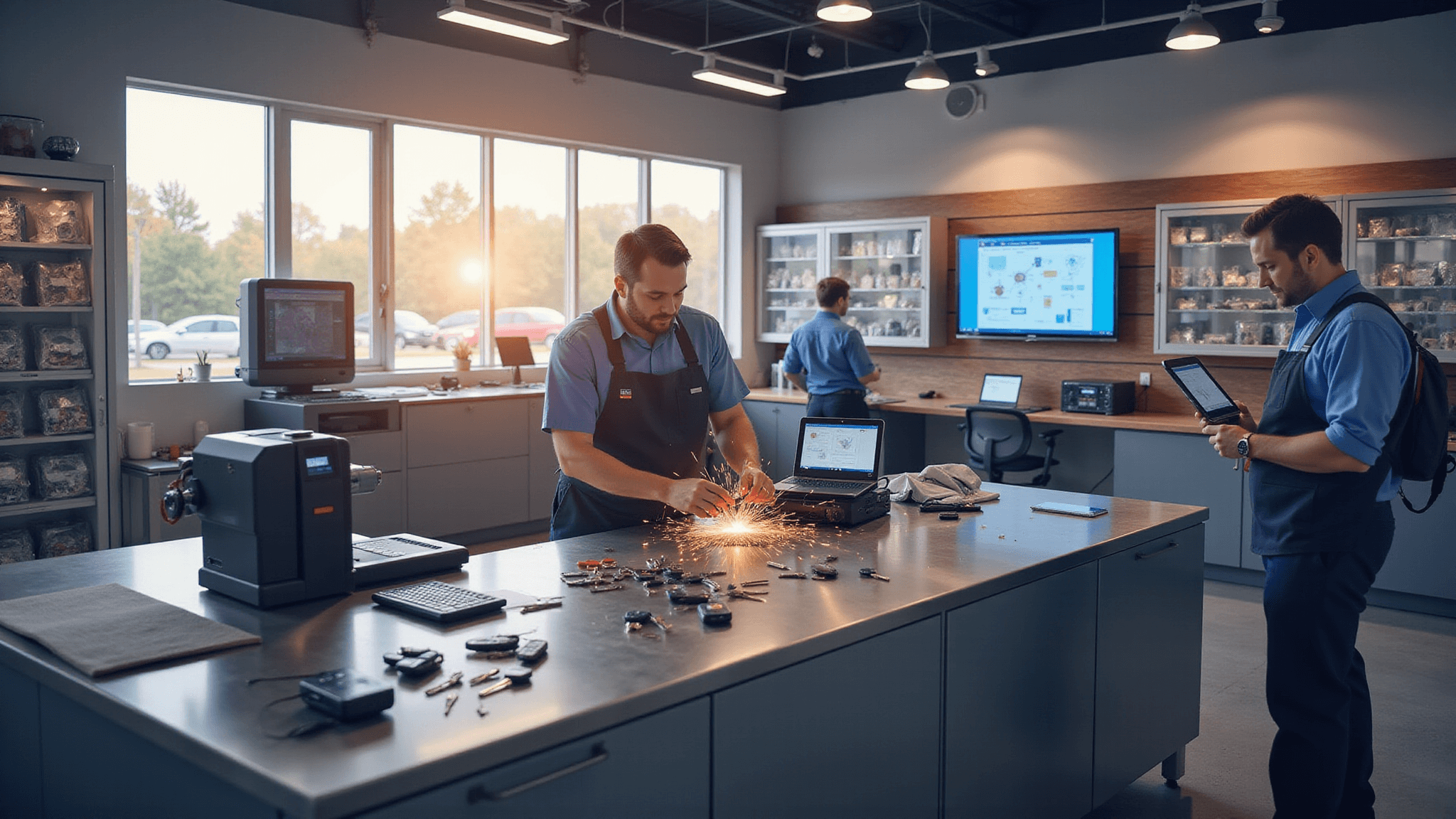 Fotorealistische afbeelding van een moderne autosleutelreparatieworkshop met een L-vormige roestvrijstalen werkbank, geavanceerde diagnostische apparatuur en goed georganiseerde wandkasten. Technici zijn bezig met het knippen en programmeren van autosleutels, omgeven door natuurlijke ochtendlicht en warme LED-verlichting, wat een professionele maar uitnodigende sfeer creëert.