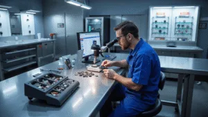 Fotorealistisch beeld van een moderne autosleutelreparatieworkshop met een technicus in een blauw uniform die een ontmantelde autosleutel fob examineert onder een microscoop op een R-vormige roestvrijstalen werkbank, omringd door gereedschap en elektronische componenten.