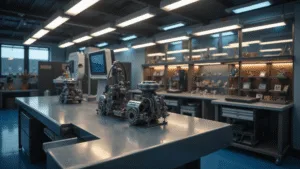 Cinematische fotorealistische afbeelding van een moderne autosleutelmakerswerkplaats met luxe uitstraling, voorzien van professionele apparatuur en warme LED-verlichting.