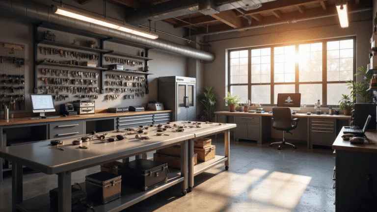 Fotorealistisch beeld van een moderne slotenmakerij met een L-vormige roestvrijstalen werkbank, vol met auto sleutels en programmeerapparatuur. Het interieur is industrieel, met uiteraard georganiseerde vervangende sleutelblanks en een sleutelprogrammeerstation met gespecialiseerde tools. Warm ochtendlicht verlicht de ruimte, waarbij een mix van natuurlijk licht en LED-verlichting een professionele sfeer creëert.