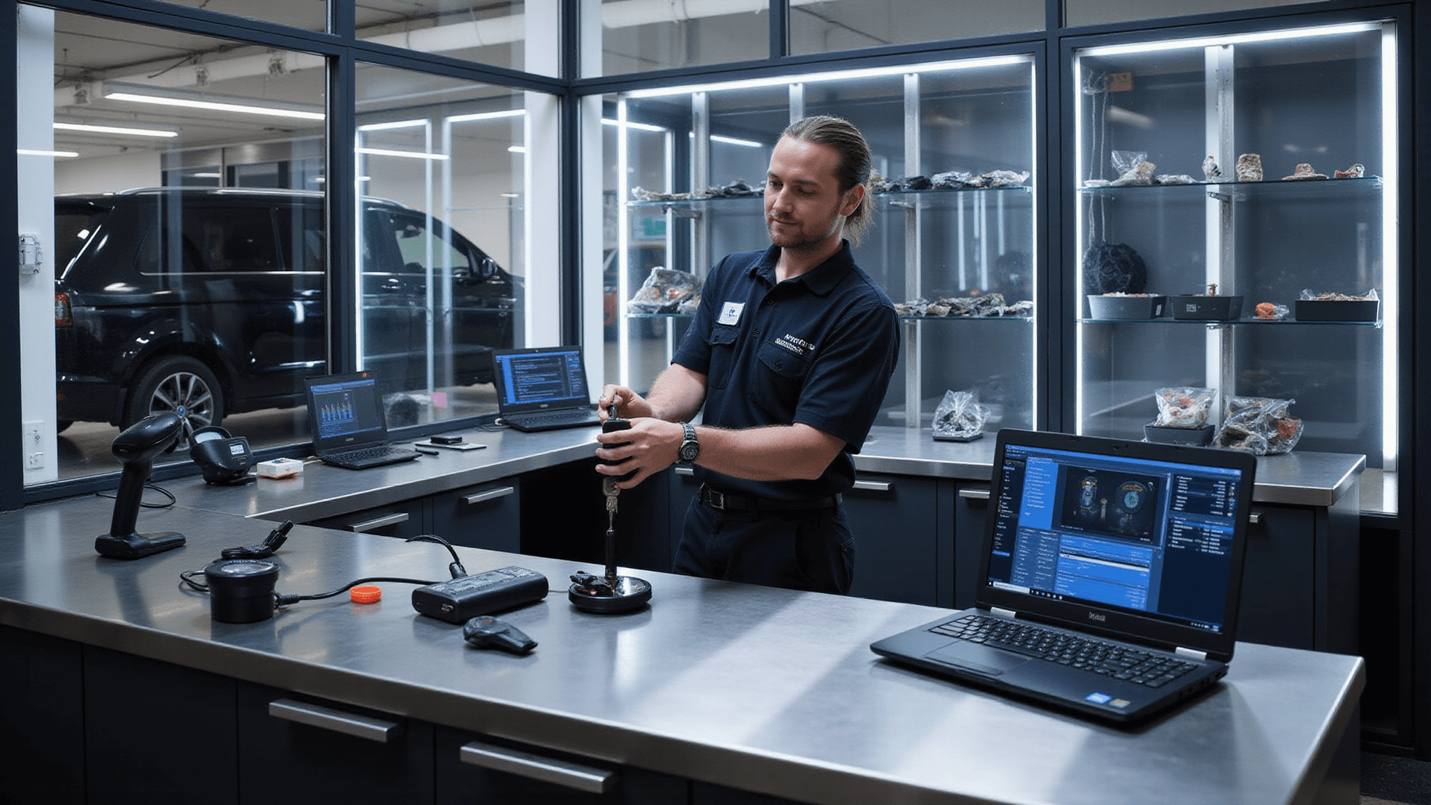 Fotorealistische afbeelding van een moderne sleutelservicewerkplaats met een L-vormige roestvrijstalen werkbank, verlicht door koele LED-lampen. Een technicus in een net uniform onderzoekt een autosleutel, terwijl precisietools en diagnostische apparatuur op de werkbank zijn uitgestald. Op de achtergrond is het dashboard van een voertuig zachtjes vervaagd zichtbaar.