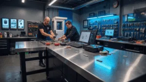 Fotorealistisch beeld van een modern auto-sleutel snijwerkplaats met een L-vormige gepolijste roestvrijstalen werkbank, een geavanceerde sleutel snijmachine en transponder programmeringsapparaat, omringd door georganiseerde key blanks, digitale displays en een technicus die nauwkeurig de snijmachine bedient.