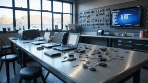 Fotorealistisch beeld van een moderne autosleutel programmeerwerkplaats met een L-vormige roestvrijstalen werkbank, hightech diagnostische apparatuur en verschillende types autosleutels, verlicht door natuurlijk daglicht.