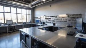 Moderne sleutelservice werkplaats met een L-vormige roestvrijstalen werkbank, high-tech programmeersystemen en digitale displays, verlicht door ochtendlicht dat door hoge ramen stroomt.