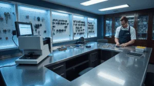 Fotorealistisch beeld van een moderne autosleutelreparatiewerkplaats met een L-vormige roestvrijstalen werkbank, gespecialiseerd gereedschap, georganiseerde sleutelblanks, en een technicus die een moderne autosleutel fob demonteert, omringd door een combinatie van hightech apparatuur en traditionele ambachtelijkheid.