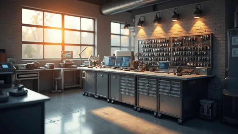 Foto van een moderne sleutelwerkplaats met een L-vormige roestvrijstalen werkbank, geavanceerde apparatuur en een goed georganiseerde sleutelrek. De ruimte heeft betonvloeren en bakstenen muren, verlicht door ochtendzonlicht en LED-spots, wat een gevoel van precisie en vakmanschap uitstraalt.