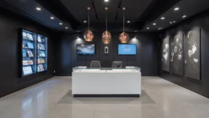 Moderne interieur van een servicesalon 's avonds, met glazen vitrinebalies, matte zwarte wandpanelen, digitale displays, een centraal hoogglans wit werkstation, koper hanglampen en LED-verlichting vanuit een 30 graden vogelperspectief.