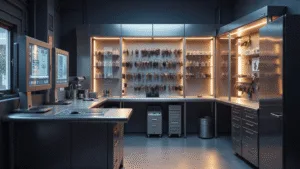 Hyperrealistisch beeld van een moderne sleutelservice werkplaats van 6x8 meter, met een L-vormige roestvrijstalen werkbank, geavanceerde diagnostische apparatuur, georganiseerde sleutelhangers en glazen vitrines, verlicht met warme LED-verlichting voor een professionele sfeer.