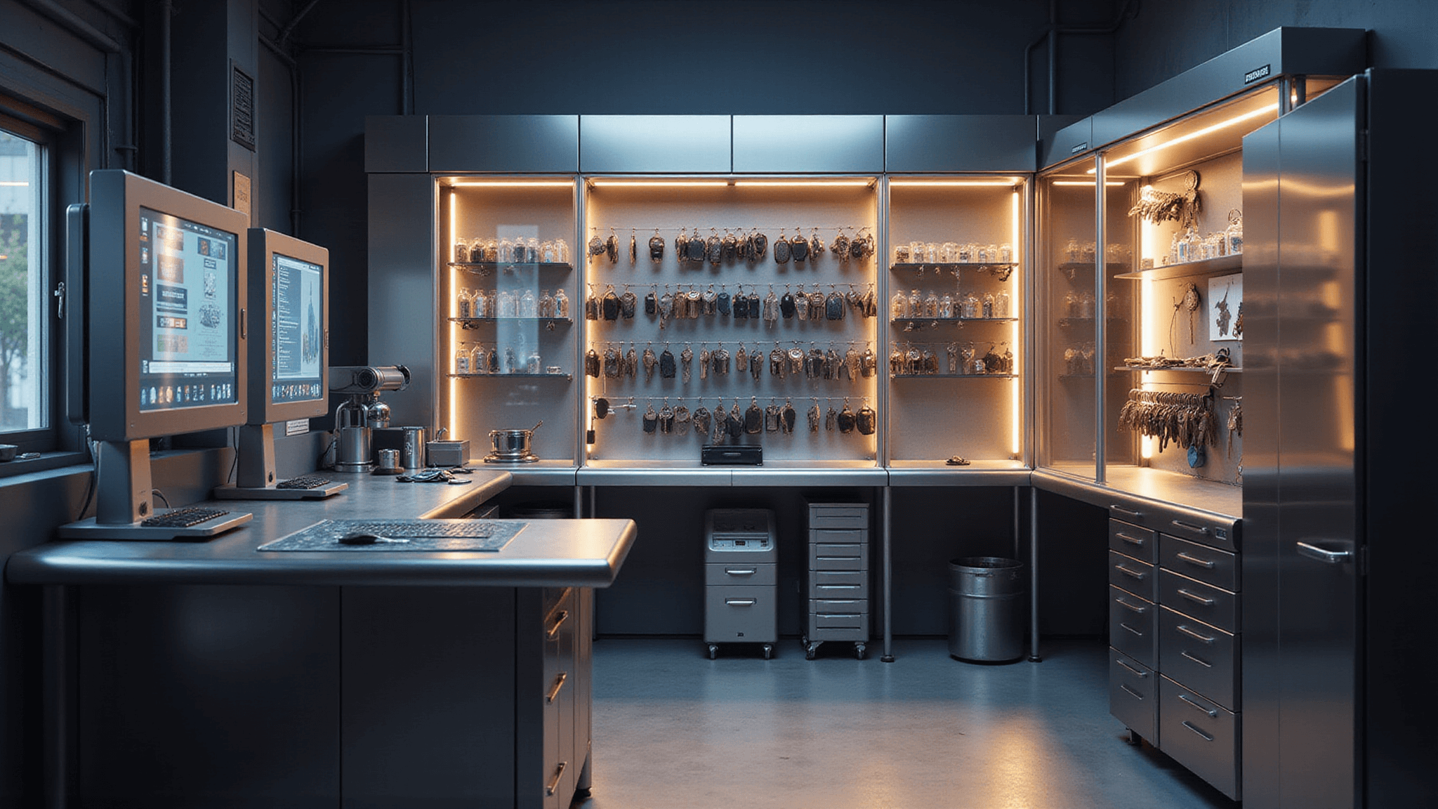 Nieuwe Autosleutel Aanvragen: Snel, Makkelijk en Betaalbaar Hyperrealistisch beeld van een moderne sleutelservice werkplaats van 6x8 meter, met een L-vormige roestvrijstalen werkbank, geavanceerde diagnostische apparatuur, georganiseerde sleutelhangers en glazen vitrines, verlicht met warme LED-verlichting voor een professionele sfeer.