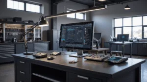 Modern locksmith workshop met een sleek key programming station, matte zwarte werktafel, diagnostische apparaten, LED-lamp en een 27-inch monitor. Achtergrond met industriële werkbanken, glazen vitrines met sleutels en gereedschapskasten. Natuurlijk licht en LED-spotverlichting creëren een professionele sfeer met details in koele grijstinten en accentkleuren van sleutelaccessoires.