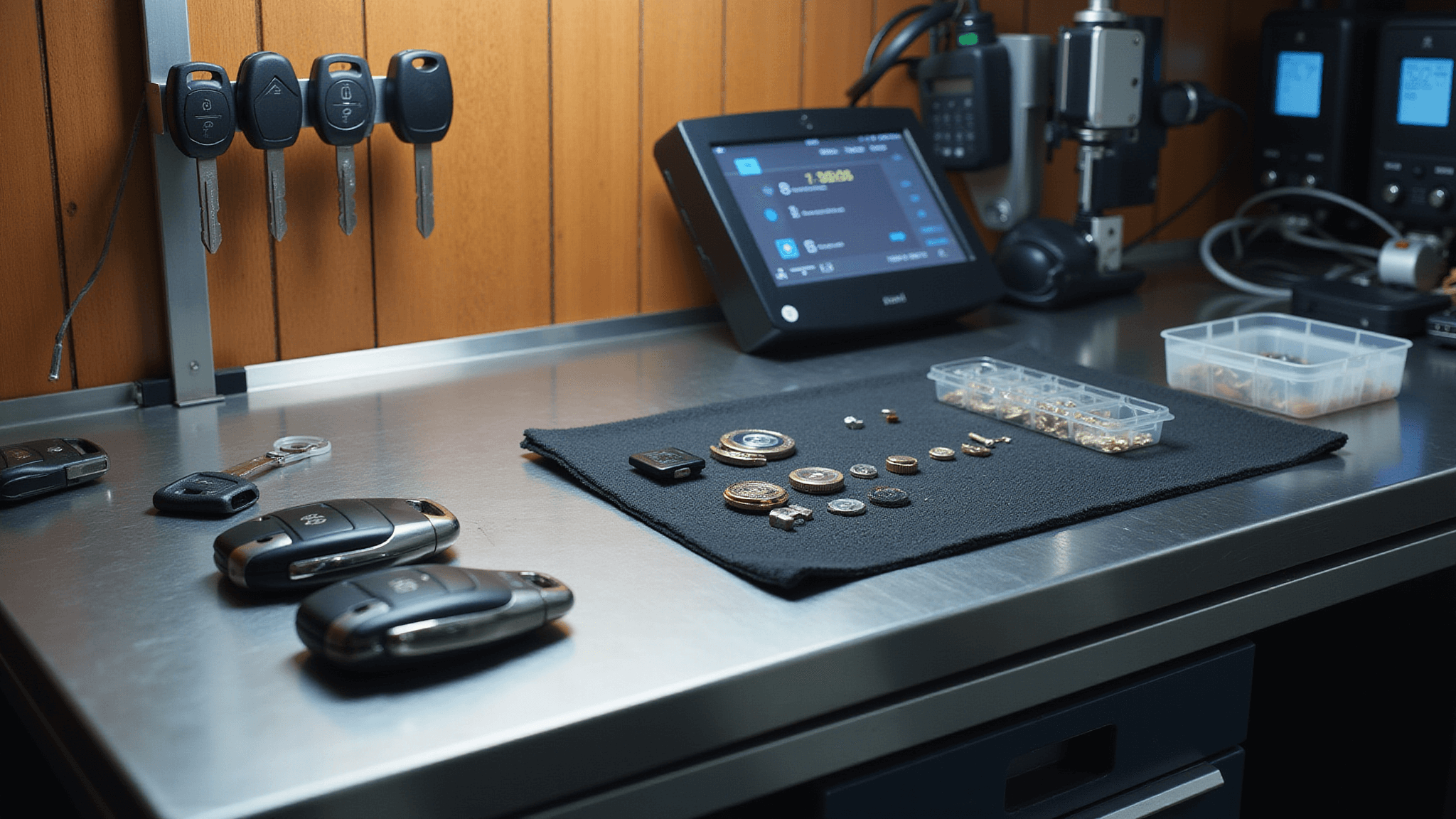 Fotorealistisch beeld van een professionele automotive sleutelreparatiewerkplaats met moderne afwerking, waaronder een roestvrijstalen werkblad, geordende precisiegereedschappen, batterijcompartimenten, verschillende autosleutelmodellen, diagnostische apparatuur en houten accentwanden.