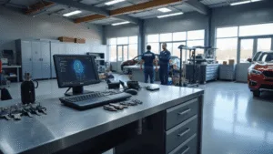 Dit is een fotorealistisch beeld van een moderne sleutelprogrammeerstation in een auto-werkplaats. Het toont een ruime, goed verlichte omgeving met een hoog plafond, waarin een strak metalen werkbank met een geavanceerde diagnosecomputer en diverse sleutelprogrammeertools prominent aanwezig is. Verschillende soorten autosleutels, van traditionele mechanische sleutels tot geavanceerde smart sleutels, zijn duidelijk zichtbaar. De werkplaats heeft georganiseerde metalen kasten gevuld met specialistische apparatuur en reserveonderdelen, met natuurlijk ochtendlicht dat door grote ramen binnenkomt en wordt aangevuld met heldere LED-spots. Mechaniciens in bedrijfskleding zijn op de achtergrond aan het werk. Het beeld straalt technologische vooruitgang en precisie uit in een schone, professionele sfeer, met een kleurenschema dat koele blauwtinten en grijstinten van de technologie in balans brengt met warmere tonen van het ochtendlicht en houten accenten.