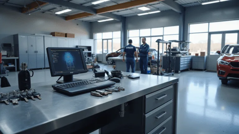 Dit is een fotorealistisch beeld van een moderne sleutelprogrammeerstation in een auto-werkplaats. Het toont een ruime, goed verlichte omgeving met een hoog plafond, waarin een strak metalen werkbank met een geavanceerde diagnosecomputer en diverse sleutelprogrammeertools prominent aanwezig is. Verschillende soorten autosleutels, van traditionele mechanische sleutels tot geavanceerde smart sleutels, zijn duidelijk zichtbaar. De werkplaats heeft georganiseerde metalen kasten gevuld met specialistische apparatuur en reserveonderdelen, met natuurlijk ochtendlicht dat door grote ramen binnenkomt en wordt aangevuld met heldere LED-spots. Mechaniciens in bedrijfskleding zijn op de achtergrond aan het werk. Het beeld straalt technologische vooruitgang en precisie uit in een schone, professionele sfeer, met een kleurenschema dat koele blauwtinten en grijstinten van de technologie in balans brengt met warmere tonen van het ochtendlicht en houten accenten.