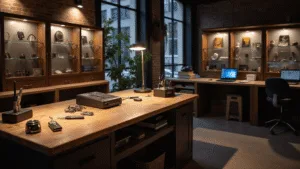 Intieme werkplek voor slimme sleutels met een houten werkbank, precisiegereedschap, glazen vitrines en moderne diagnostische apparatuur, verlicht door warme sfeerverlichting.