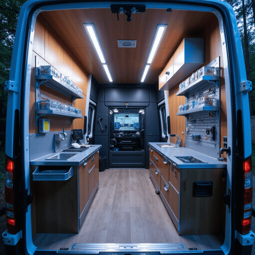 Interieur van een moderne mobiele sleutelservicewagen met een hightech sleutelprogrammeerapparaat, georganiseerd met sleutelrasters en transponderchips, gefotografeerd in avondlicht.