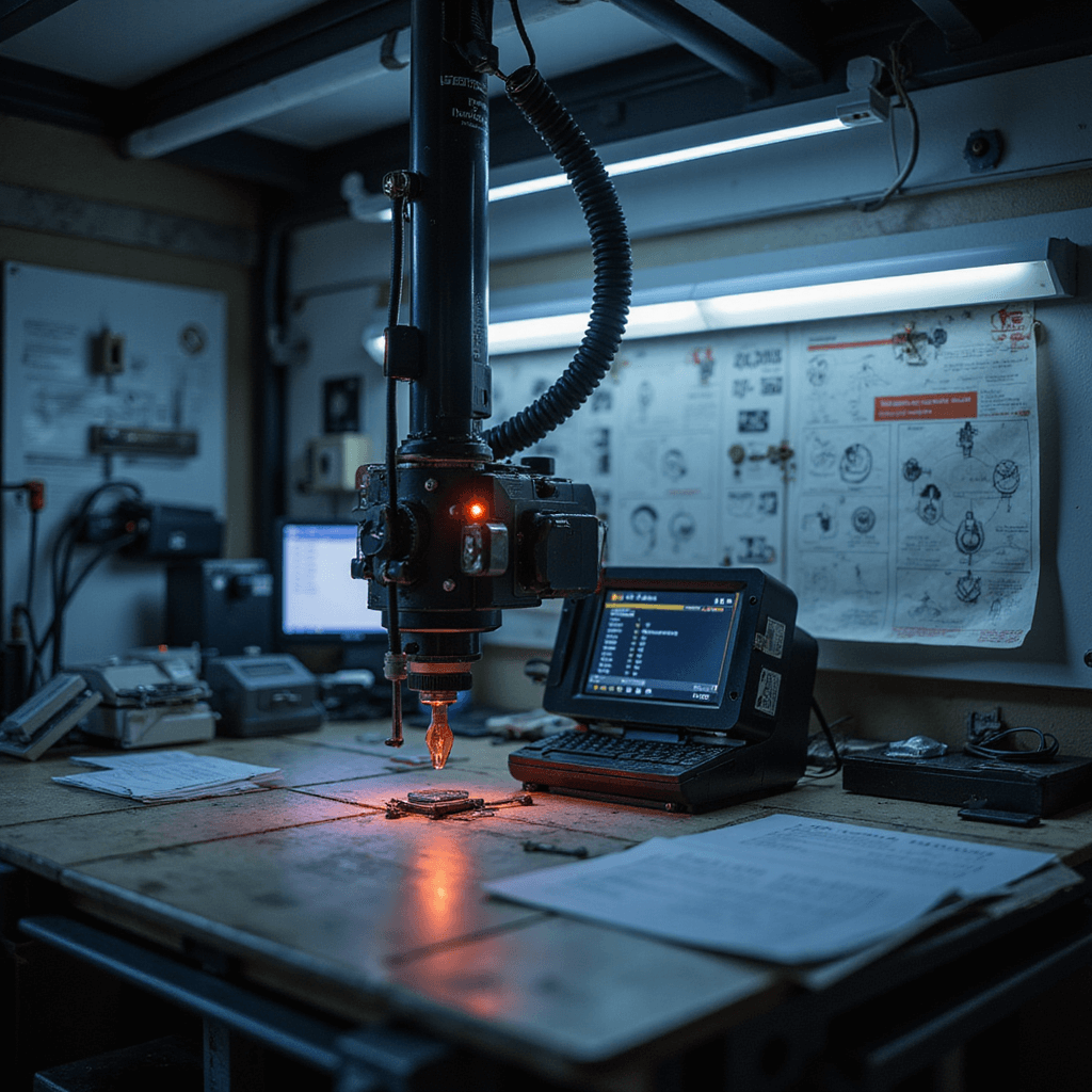 Close-up van een professionele sleutelmakerswerkbank in een verlichte servicewagen met een moderne sleutelfreesmachine, omringd door sleutelprofielen en programmeertools, verlicht door LED-spots.