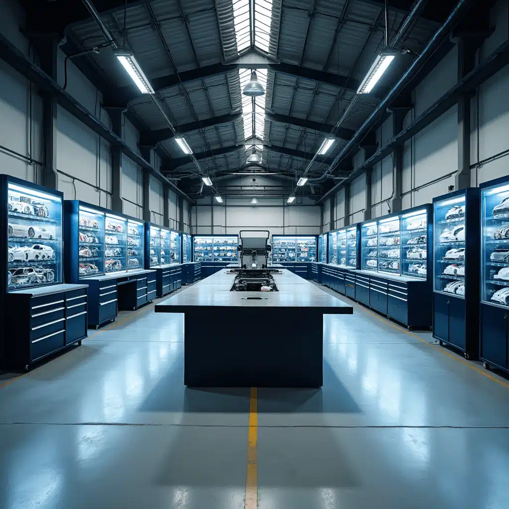 Moderne sleutelservice werkplaats met industriële inrichting, glazen voorpui en hightech programmeerapparaat op RVS werkblad, omgeven door displays met blanco sleutels en andere gereedschappen, verlicht door ochtendzon en LED-spots.