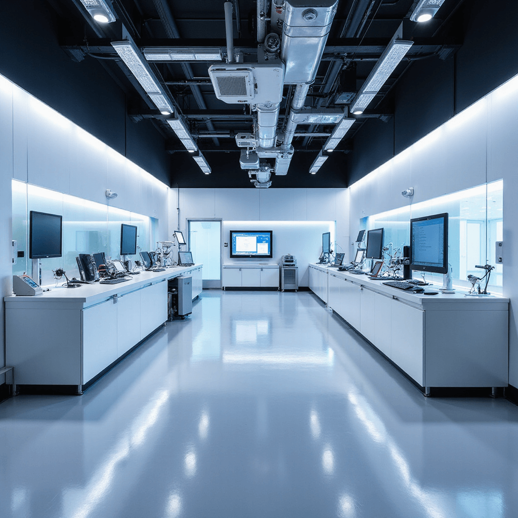 Moderne autosleutel-programmeerruimte met ergonomisch werkstation, wandvullende gereedschapswand en glazen afscheidingen, in een high-tech omgeving met diffuse daglicht en blauwe LED-verlichting.