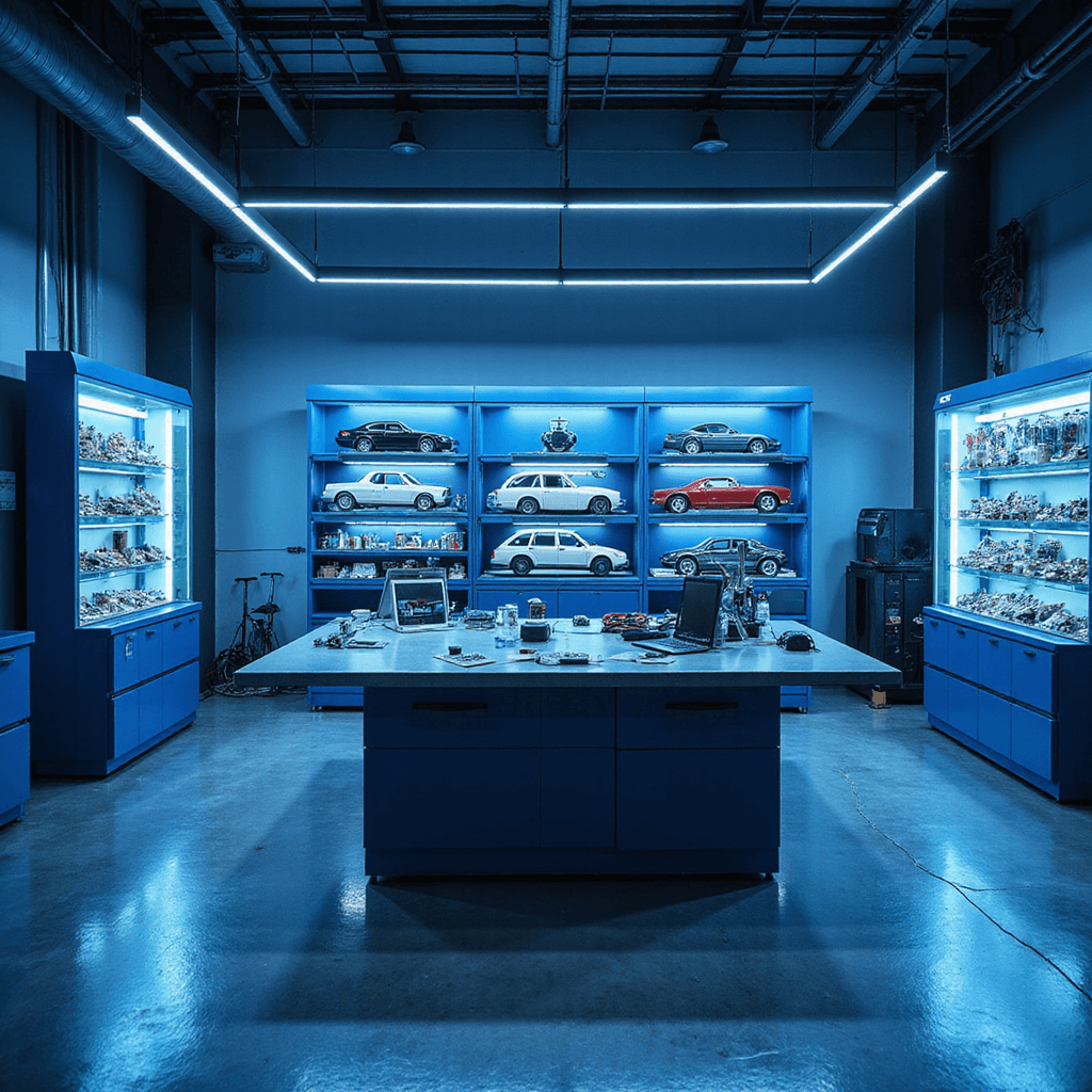 Moderne autosleutelwerkplaats met een L-vormige RVS werkbank, geavanceerd diagnostisch apparaat, glazen vitrinekasten met autosleutels en precisiegereedschappen.