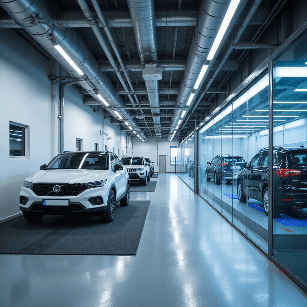 Interieur van een moderne autosleutelwerkplaats met L-vormige RVS werkbank, kleurgecodeerde autosleutels in een vitrine, diagnostische apparatuur, en precisie-gereedschap op een microfiber werkmat.