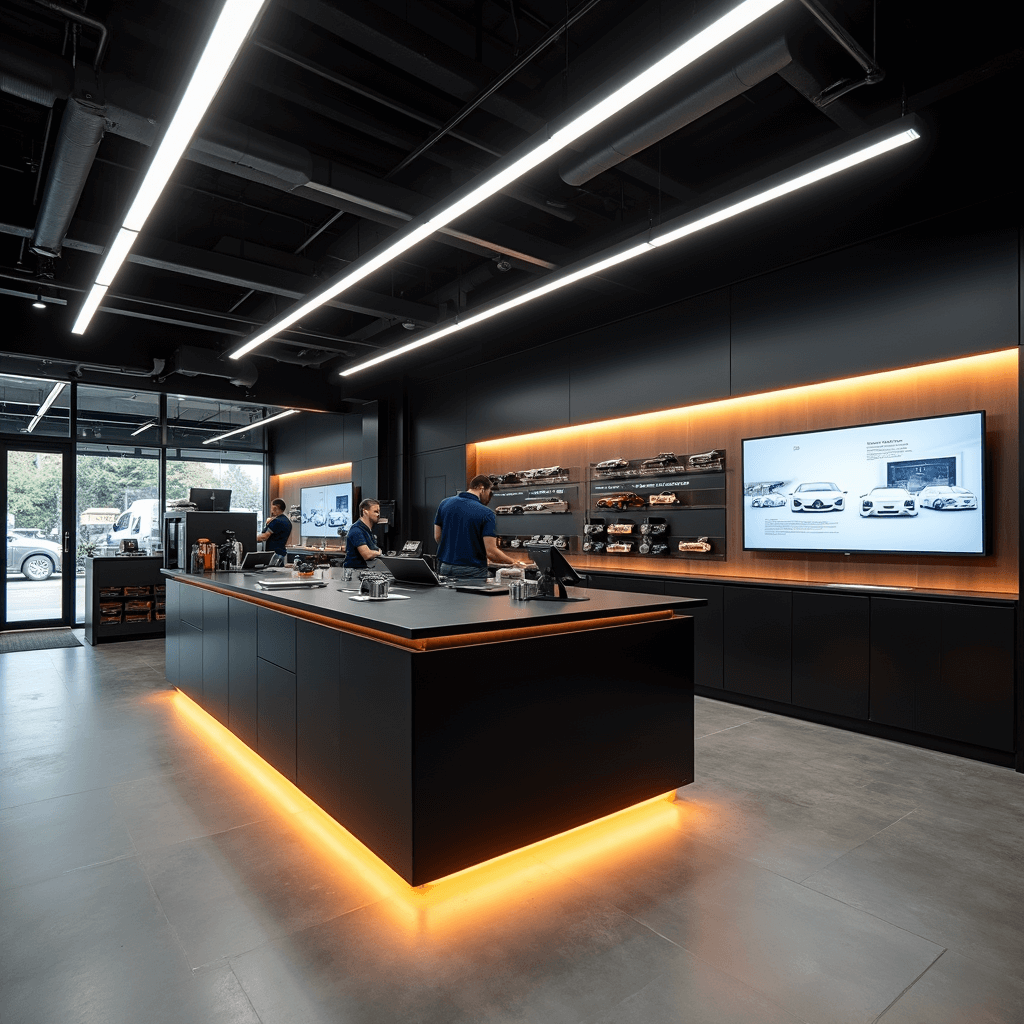 Professionele sleutelservice showroom met antraciet tegelvloer en modern zwart meubilair, featuring hoge technologie sleutelopslag en sfeervolle LED-verlichting.