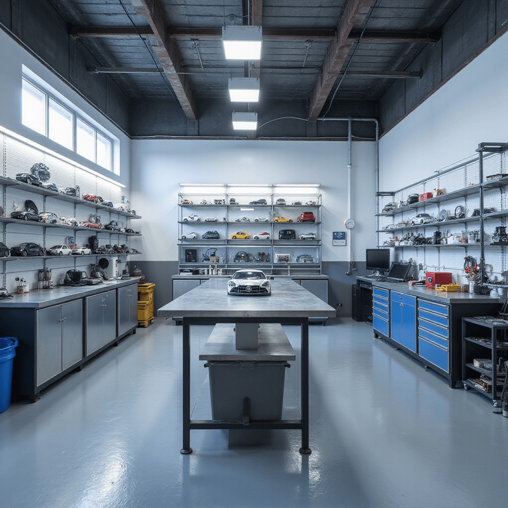 Moderne sleutelservice werkplaats met roestvrijstalen L-vormige werkbank, glazen vitrine vol autosleutels, wandkasten met diagnostische apparatuur, opengewerkte autosleutel met batterij, pincet en schroevendraaiers, verlichting via LED-strips en daglicht.