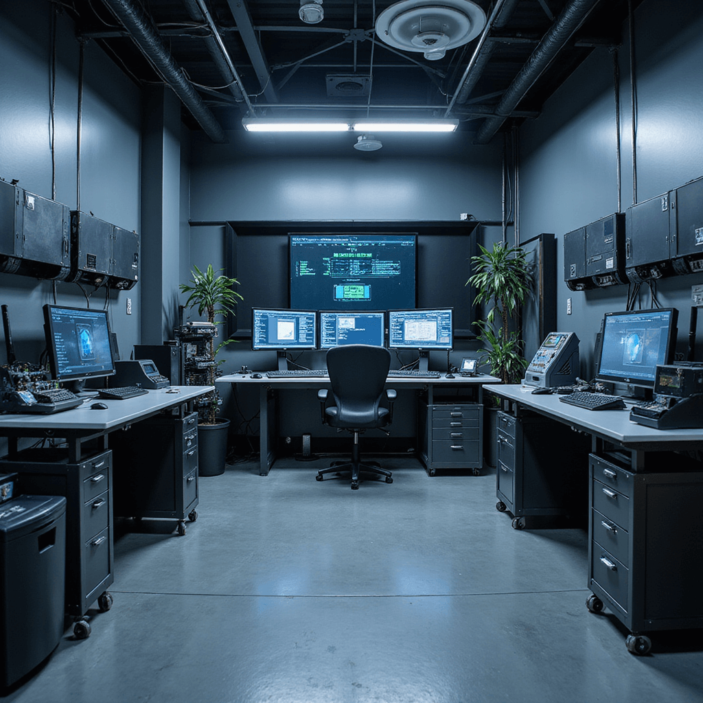 Interieur van een hightech autosleutel programmeercentrum met ergonomisch werkstation, drie computermonitoren en programmatuur voor transponders, omringd door metalen gereedschapskasten en sfeervolle LED-verlichting in een ruimte met antracietgrijze wanden.