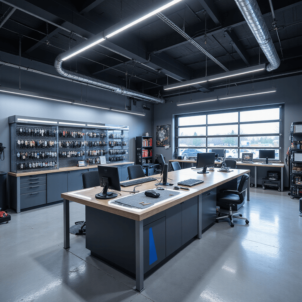 Moderne autosleutelservice showroom met RVS werkbank, elektronische sleutels, glazen vitrinewand, high-tech werkstation en natuurlijk daglicht, in antraciet, metallic grijs en kobaltblauw.