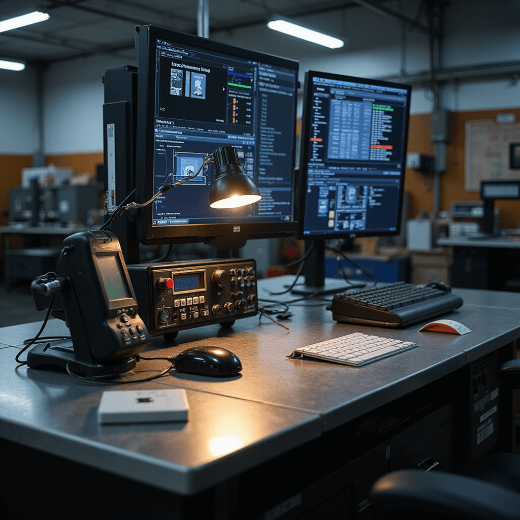 Close-up van een specialistische sleutelmakerswerkbank met modern programmeerapparaat en precisie-instrumenten in een gedimde werkplaats, verlicht door verstelbare LED-armaturen.