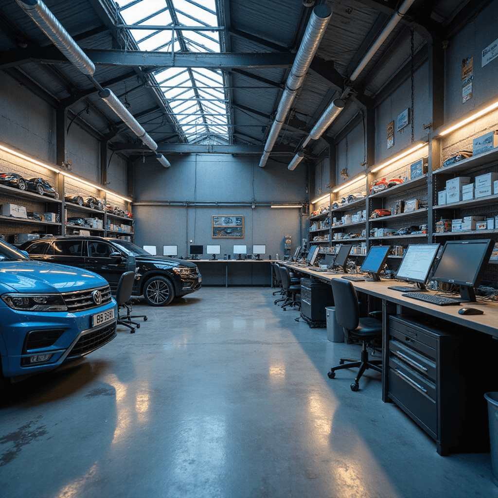 Moderne autosleutelwerkplaats met L-vormige RVS werkbank en LED-verlichting, voorzien van diagnosecomputers, georganiseerde gereedschapskasten en een muur vol autosleutels. Close-up van de werkbank met VW-sleutels en programmeertools in een hightech sfeer.