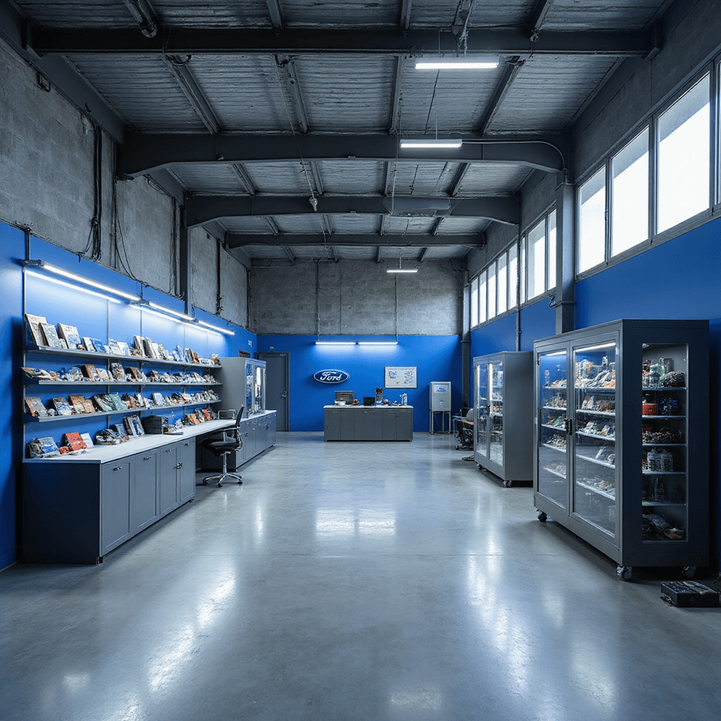 Moderne autosleutelwerkplaats met L-vormige RVS werkbank, industriële LED-verlichting, grote ramen, wandkasten met sleutelprofielen, glazen vitrinekasten met Ford-sleutels, en professioneel gereedschap op magnetische panelen, in koele grijstinten en chroomaccenten.