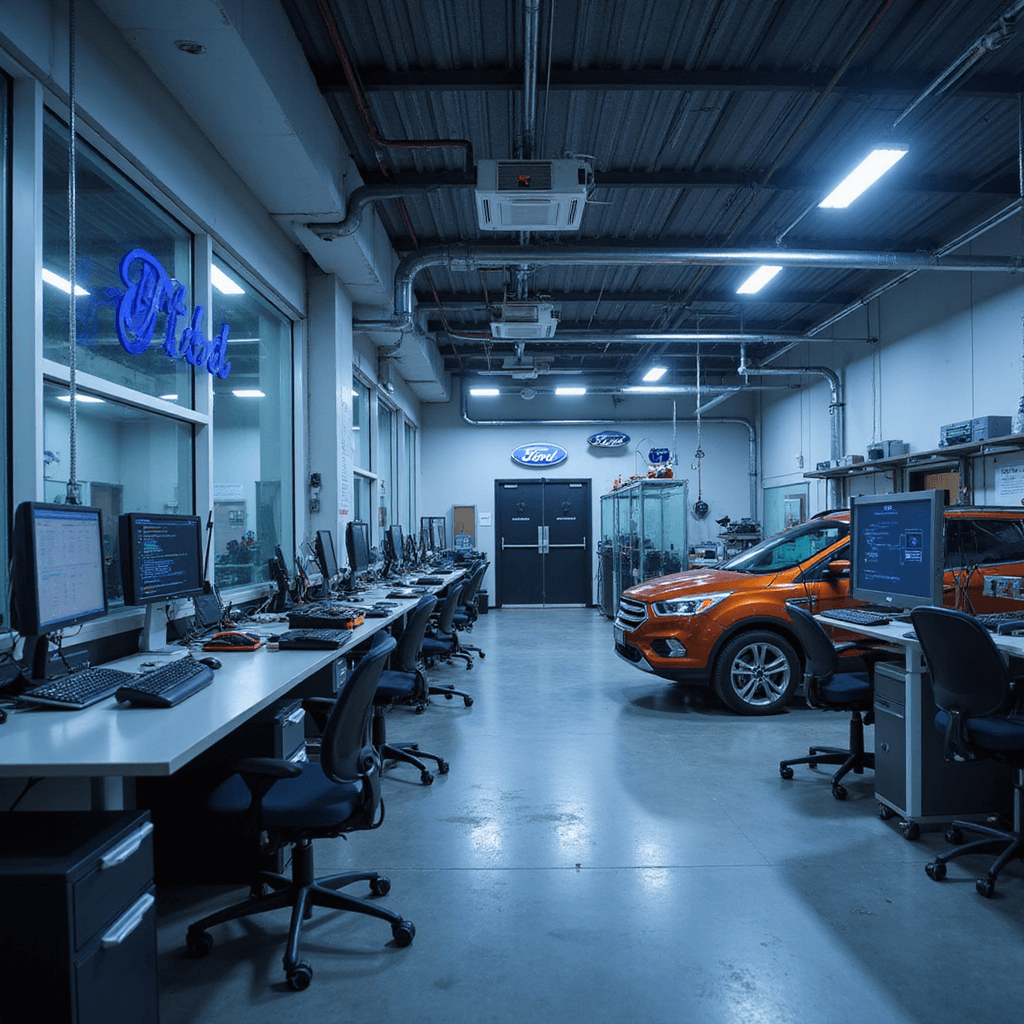 Intieme sleutelprogrammeerruimte met ergonomisch werkstation, geavanceerde diagnosetools en Ford-software, verlicht door LED-spots, en gevuld met autosleutels en transponderchips.