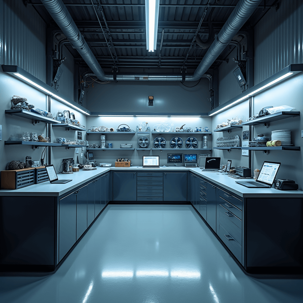 Moderne sleutelmakerswerkplaats met L-vormige RVS werkbank, high-tech sleutelprogrammeerapparaat en georganiseerde transponderchips, verlicht door ochtendzon en sfeervolle spots. Wandkasten vol sleutelprofielen, diagnostische laptops en precisie-gereedschap. Industrieel grijs en blauw kleurenschema.