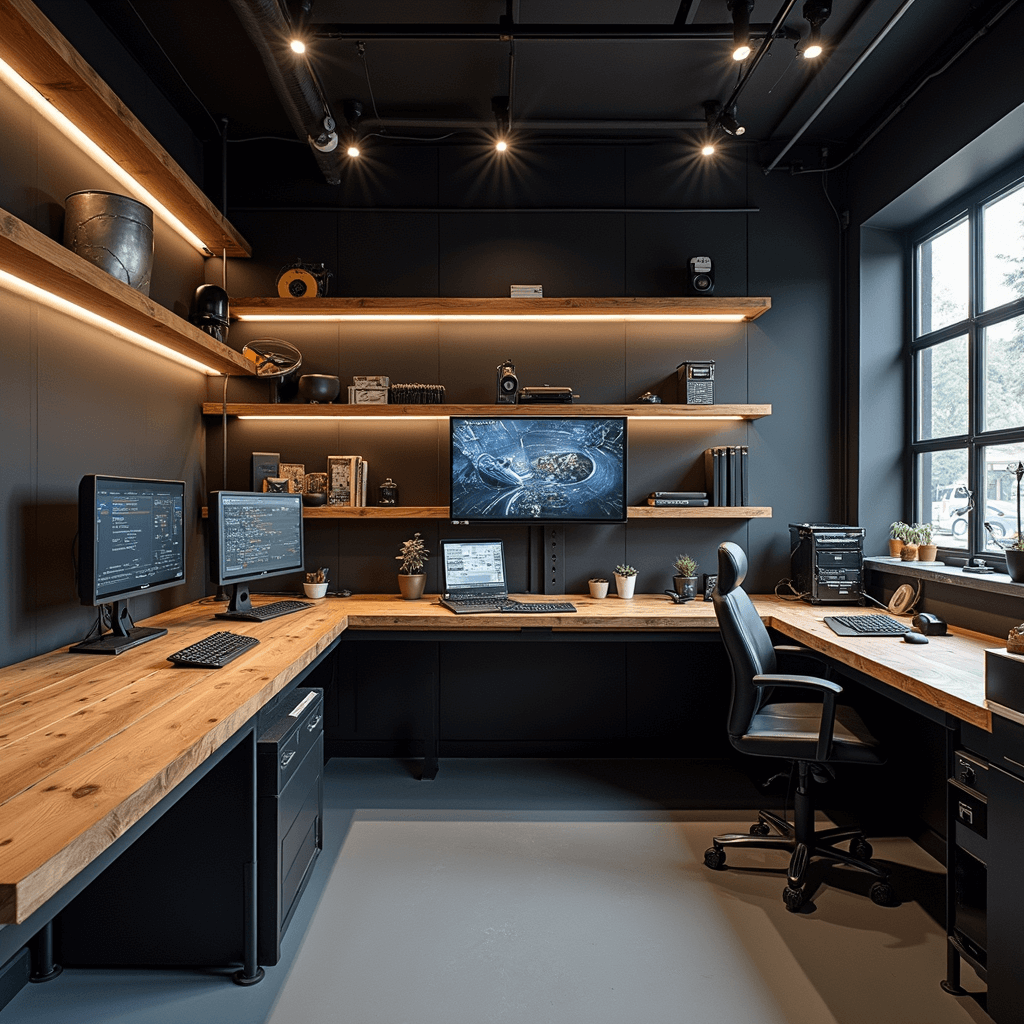 Intieme werkplek binnen een autotechniekcentrum, met houten werkblad en zwart leren mat, verlicht door warme LED-strips. Centraal staat een digitaal programmeerstation voor BMW-sleutels, omringd door precisie-freesmachines en diagnostische tablets. Vintage metalen archiefkasten met sleutelprofielen op de achterwand en sfeervolle namiddagschaduw door jaloezieën.