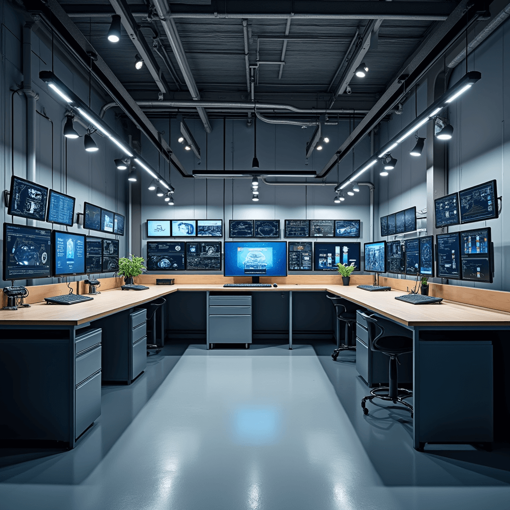 Moderne sleutelwerkplaats met L-vormige RVS werkbank en LED-verlichting, hightech programmeerapparatuur en transparante displays, georganiseerd met wandrekken vol blanco sleutels, verlicht door warme ochtendzon en koele LED-spots.