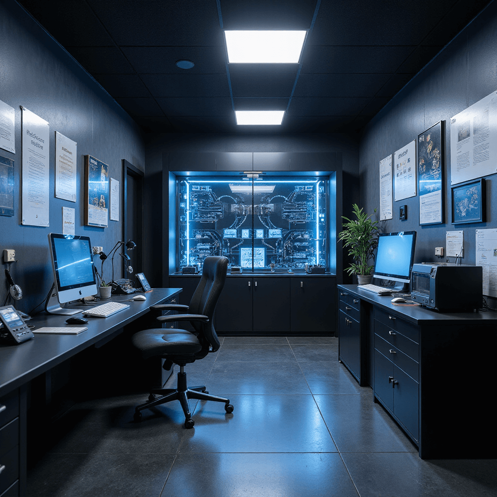 Intieme programmeerruimte met zwarte werkbank en ingebouwde computer, donker houten wanden, technische handleidingen, diagnoseapparatuur, glasvitrine met transponderchips, en blauwe LED-displays.
