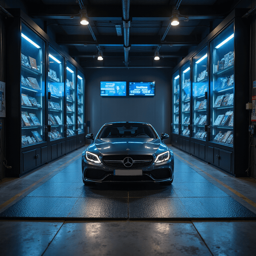 Intieme werkplaats van een autosleutelspecialist met antracietkleurige werkbank en industriale meubels, waar een Mercedes sleutel wordt geprogrammeerd. Koperen en titanium gereedschap liggen precies uitgelijnd op een zwart leren mat, omgeven door holografische displays en warme verlichting.
