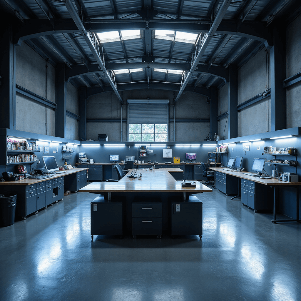 Moderne sleutelservice werkplaats met L-vormige RVS werkbank, hoog plafond, industrieële uitstraling, ochtendlicht door grote ramen, wandkasten met sleutelprofielen, hightech sleutelmachines, en blauwe LED-strips.
