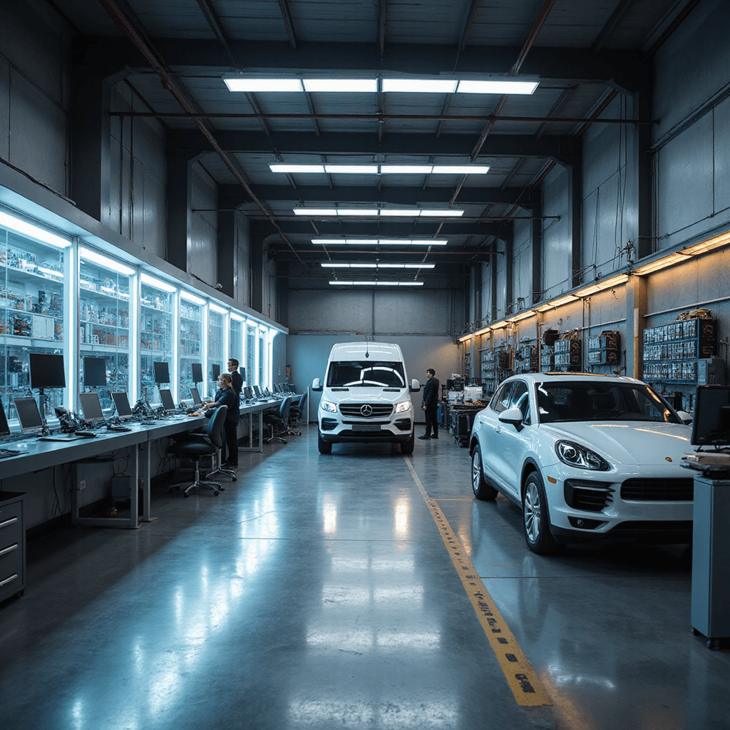 Moderne autosleutelwerkplaats met industriële uitstraling, voorzien van een verlichte werkbank van geborsteld RVS, hightech apparatuur, glazen vitrinekasten met autosleutels en georganiseerde gereedschapspanelen. Warmwitte accentverlichting en een kleurenpalet van grijstinten, technisch blauw en zwart.