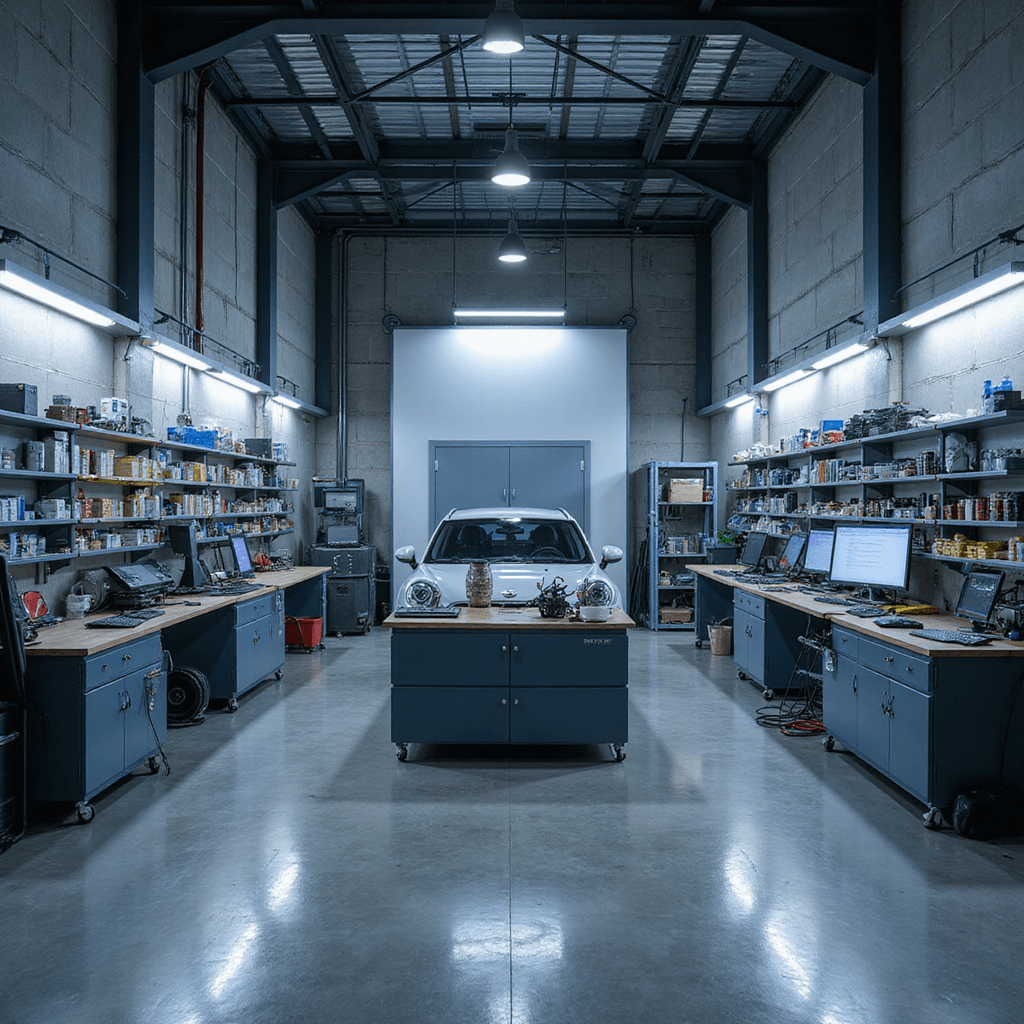 Moderne sleutelservicewerkplaats met industriële betonvloer, professionele RVS werkbank centraal, wandkasten vol sleutelrasters links, diagnostische computers rechts, ochtendzon verlichtend, focus op werkbank met autosleutels en programmeertools.