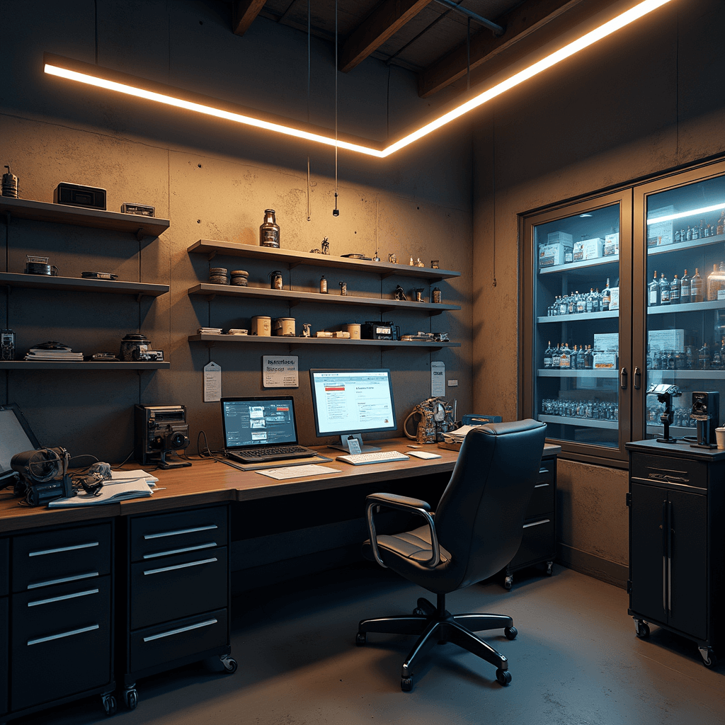 Intieme autosleutelwerkplaats met moderne apparatuur, warme verlichting en een overzichtelijke indeling van gereedschap en sleutels, vastgelegd in hyperrealistische detail.