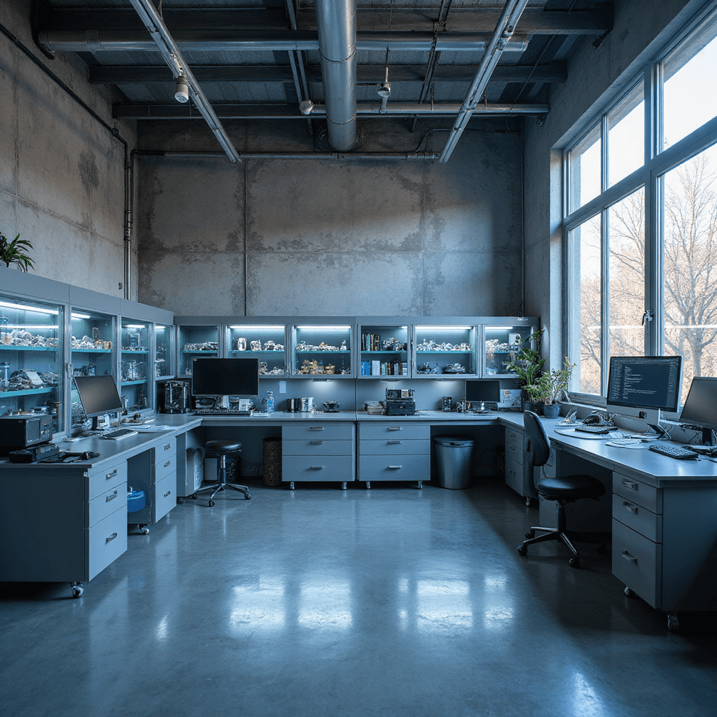 Moderne sleutelmakerswerkplaats met L-vormige RVS werkbank, ingelicht met LED-verlichting, vol elektronische tools en sleutelslijpmachine. Wanden met vitrinekasten vol autosleutels en transponderchips, in koele grijstinten en technisch blauw.