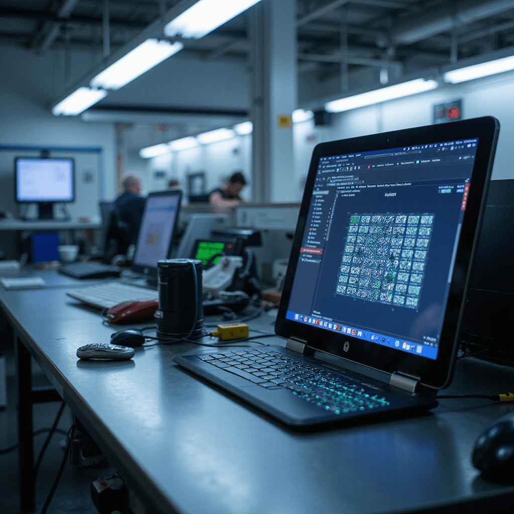 Close-up van een gespecialiseerde autosleutelwerkplek met een moderne programmeerconsole en gesorteerde sleutelbehuizingen, verlicht door LED-spots.