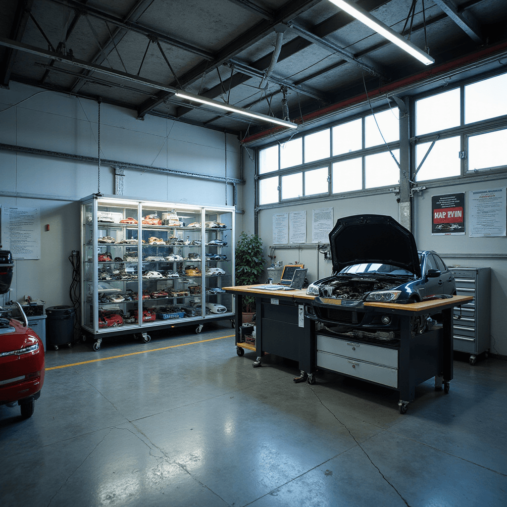 Moderne autosleutelwerkplaats met verlichte RVS werkbank, diagnoseapparatuur, transponder-programmer, glazen vitrine vol autosleutels, metalen ladekasten, en ochtendzon die binnenvalt via hoge ramen.